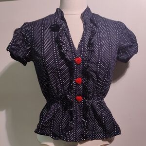 ❤️Black Polka Dot Blouse Red Heart Buttons